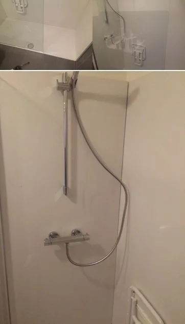 Compositiefoto van een badkamer waarbij een bad werd omgebouwd tot een inloopdouche.